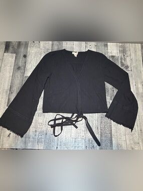 Black Wrap Tie Blouse with Frayed Sleeves